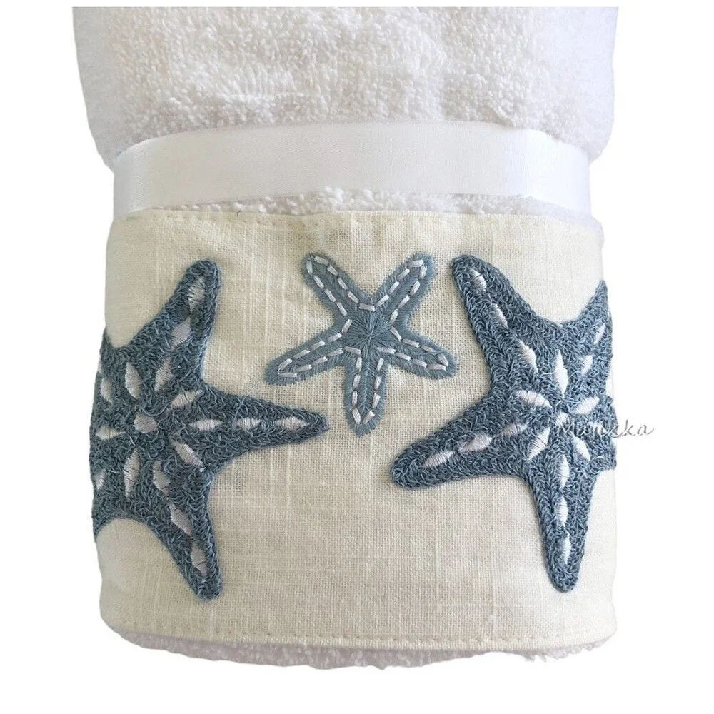 Nantucket Blue Starfish Hand Towels Set of 2 Embroidered Bathroom Summer Beach